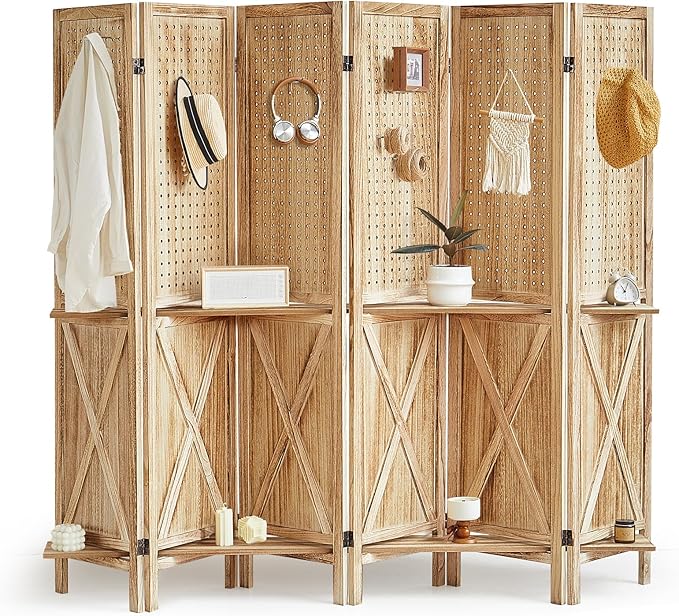 Aleesing 6 Panel Pegboard Display with Shelf, Wooden Pegboard Room Divider Wall with 24 Hooks, Partition Room Dividers and Folding Privacy Screens, Bedroom, Jewelry Store, Natural