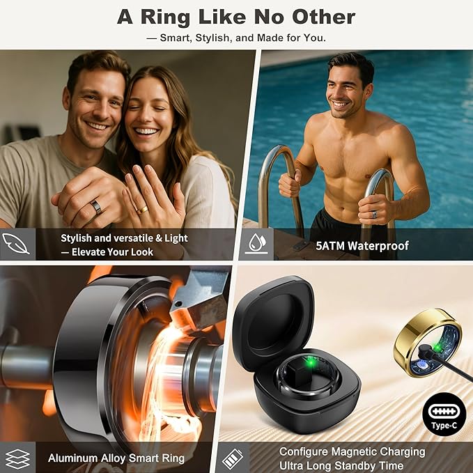 RIFESI Smart Ring for Women Men, Fashion Minimalist Fitness Ring & Sleep Tracker Ring with Heart Rate, Blood Pressure,5ATM Waterproof Health Ring,Gifts for Women Men Gift,No Subscription (11,Black)