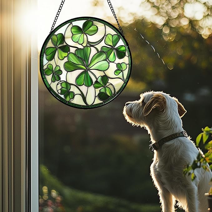 CRISGIF Stained Glass Window Hanging - Ireland Green Lucky Clover Suncatcher for Doors Garden St. Patrick's Day Sun Catchers Decor Mother's Day Birthday for Women Men Mom Nana 15 in