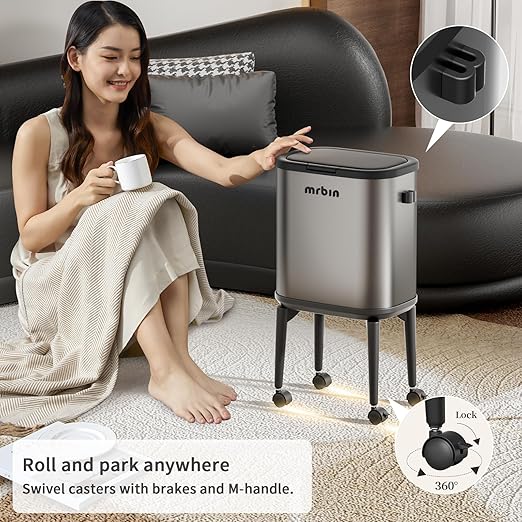 MRBIN Stainless Steel Slim Bathroom Trash Can with Legs and Wheels, 15L / 4gal Toilet Press Lid Waste Basket, Covered Office Garbage Pail for Near Desk, Narrow Vanity, Rvs, Kitchen, Eclipse Grey