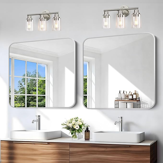 Silver Bathroom Mirror, 36 x 36 Inch Square Mirrors for Wall, Aluminum Metal Framed Vanity Mirror, Rounded Corner Wall Mounted Mirror for Over Sinks Living Room Bedroom Entryway
