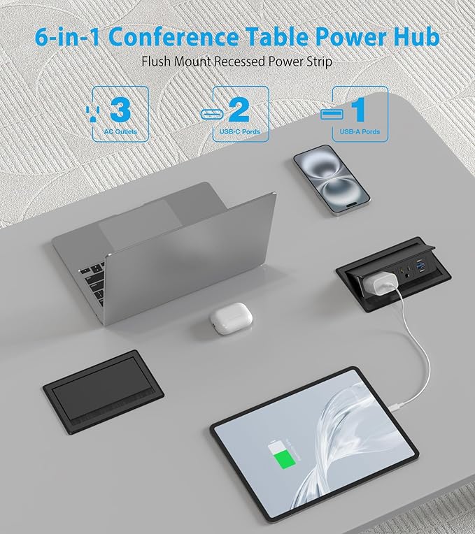 Recessed Conference Table Power Hub with 20W USB-C PD Fast Charging, Flush Mounted for Desks, Kitchens & RVs, 6FT Power Cord (Black)
