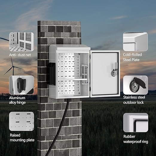 Outdoor Electrical Box, Cold-Rolled Steel Plate, Aluminum Alloy Back Beam, One-Piece Ventilation Design, IP65 Waterproof, Wall/Pole Mounted (17.6" x 13.8" x 7.9")