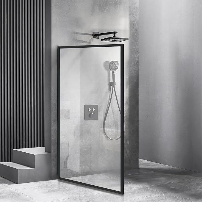 Shower Framed Glass Panel, 34" W x 74" H Shower Screen, 5/16" (8mm) Tempered Glass Shower Door, Fit for Walk-in Bathroom, Matte Black Fixed Shower Door