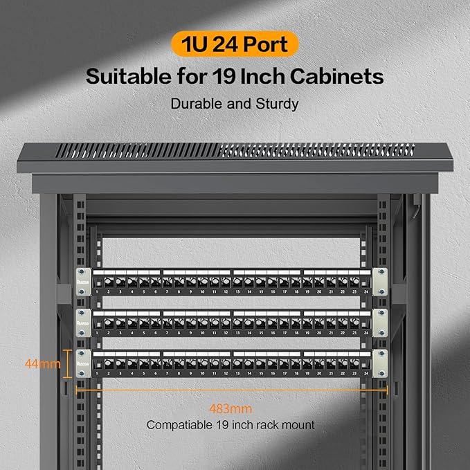 PBAEGAV 24 Port Patch Panel Blank UTP/STP 1U 19“ Keystone Patch Panel with Cable Management and Support Bar Compatible with LC/SC/ST/FC/USB/HDMI Keystone Jack(24 Port)