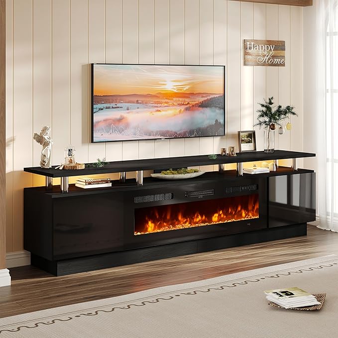 oneinmil 90'' Fireplace TV Stand with 50” Electric Fireplace, 2 Tier TV Console Stand for TVs Up to 100", LED Light Entertainment Center, Fireplace for The Living Room TV Stand, Black