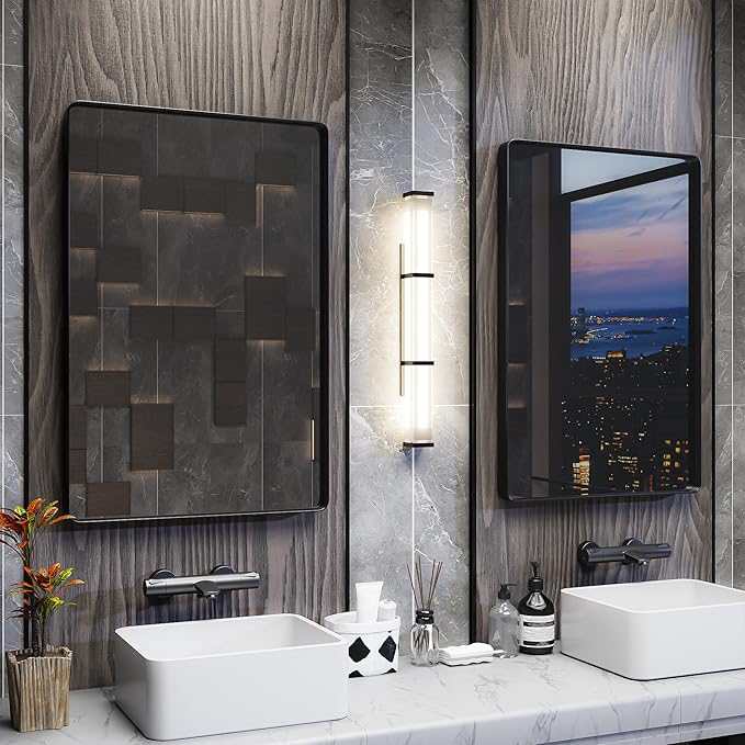 ISKM Wall Framed Mirror for Bathroom 28" x 36" Rectangular Hanging Mirror Farmhouse Wall Mounted Mirror Tempered Glass