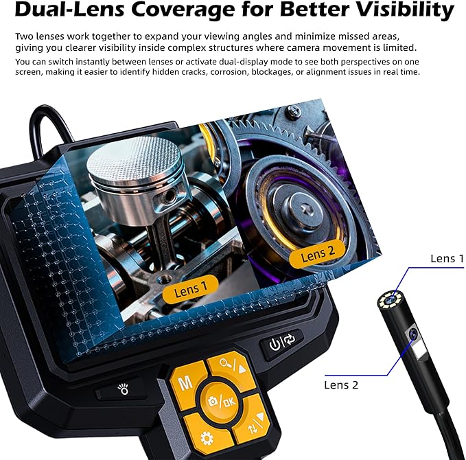5" Dual-View Handle Endoscope Camera,2MP Front&Side Lens,IP67 Waterproof 5M Semi-Rigid Cable,360° Probe Control,4-Level LED,3X Zoom,Video&Photo Recording,Inspection Camera for Industrial Use,32GB Card