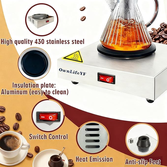 Commercial Coffee Warmer, 60W 176℉ Single Burner Decanter Warmer Plate, Stainless Steel Portable Warmer Single Burner, for Cafe, Break Room, Buffet and Commercial Use