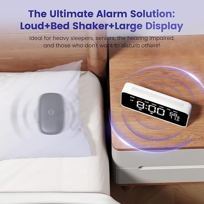 Dekala Bed Shaker Loud Alarm Clock for Heavy Sleepers Adults, Vibrating Dual Alarm Clocks for Bedrooms, Large Display Auto Dimmer,Temperature & Humidity Detect, 7-Day Programmable, Ideal Gift