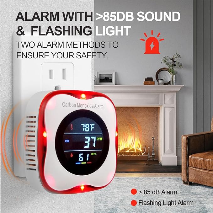 Vzmcov Plug-in Carbon Monoxide Detector with Real-time CO Display and Temperature and Humidity Monitor, Suitable for Home, RV, Apartment, Indoor air Safety Plug-in CO Compact Alarm