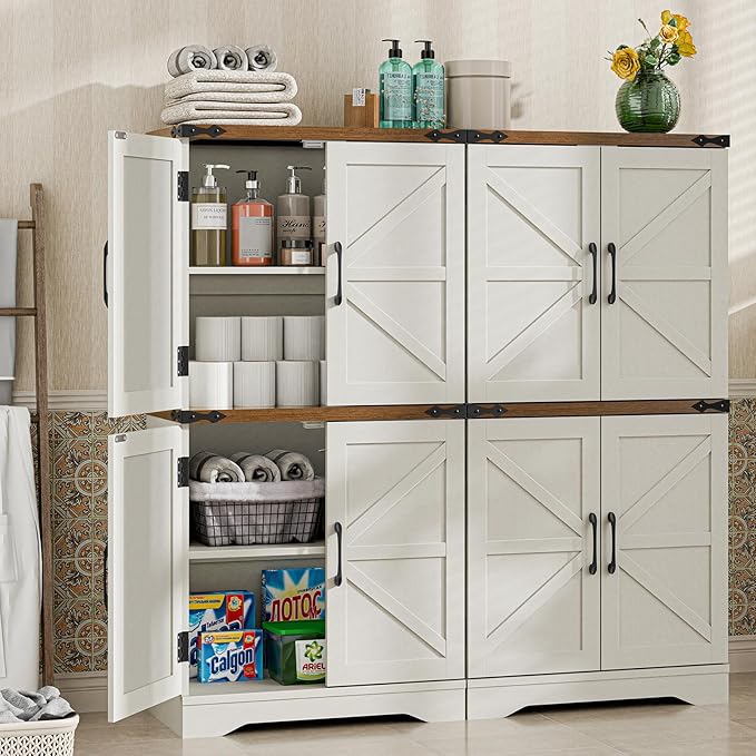 Farmhouse Floor Storage Cabinet with Adjustable Shelves, Rustic Style for Bathroom, Kitchen, Living Room