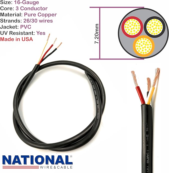 NATIONAL Wire & Cable – 16 AWG 3-Conductor Premium Copper Wire, 50 ft, Stranded | Made in USA, Heavy-Duty Flexible Jacket | LED, Lights, DIY Projects, Low Voltage Wiring, Indoor and Outdoor Use