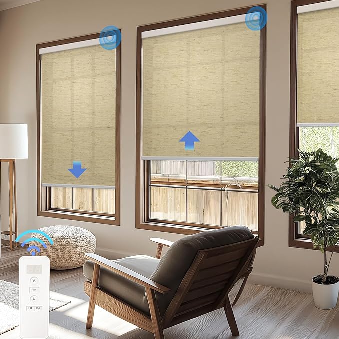 COOLWINDS Motorized Blinds with Remote Cordless Automatic Motorized Shades Custom Blinds for Windows Smart Curtains Compatible with Alexa Google Home(Light Filtering Linen Soft Dunes,W30 x H72in)