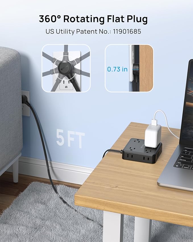 TROND 360° Rotating Flat Plug Power Strip, 5FT Flat Extension Cord with Multiple Outlets 4 USB (2 USB C), Wall Mount Surge Protector 1440 Joules for Home Office Travel Dorm Room Essentials, Black