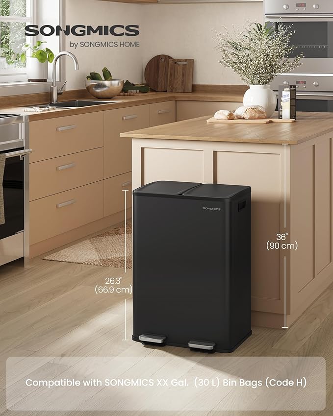 SONGMICS Trash Can, 2 x 8 Gallon (2 x 30 L) Dual-Compartment Garbage Can with Soft-Close Lid, Pedal and Inner Buckets, Stainless Steel, Includes 15 Liner Bags, Ink Black ULTB741B01