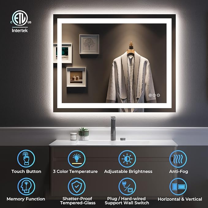 YEELAIT 40x32 Inch LED Bathroom Mirror with Lights Front and Backlit Lighted Vanity Mirror for Bathroom Wall with 3 Colors Dimmable Anti-Fog Memory Shatter-Proof IP54 Waterproof Horizontal/Vertical