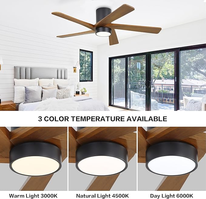 WINGBO 48 Inch Flush Mount DC Ceiling Fan with Lights and Remote, 5 Reversible Carved Wood Blades, 6-Speed Noiseless DC Motor, Hugger Ceiling Fan in Matte Black Finish with Walnut Blades, ETL Listed