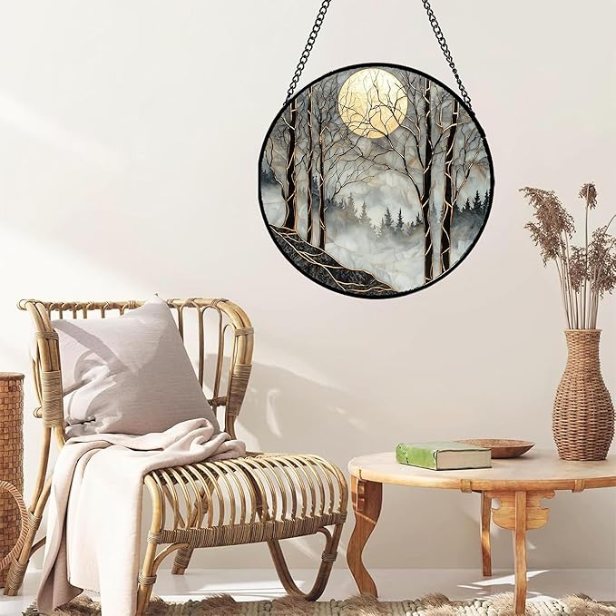 AMDERVEN Stained Glass Window Hanging - Black and White Gold Moon Forest Sun Catcher for Door Home Decor Suncatcher Christmas Mother's Day Birthday Gifts for Women Men Lovers Mom Nana 9.8 in