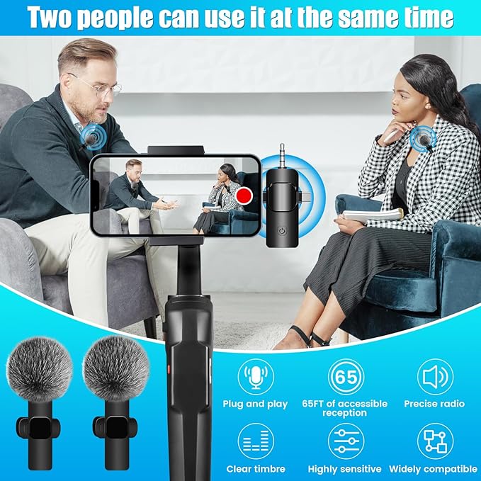 4 in 1 Wireless Lavalier Microphone for iPhone/USB C Android/Camera/Laptop PC,Mini Microphone 2.4G Ultra-Low Delay with Noise Reduction Cordless Lapel Mics for Video Recording, Vlog, YouTube, TikTok