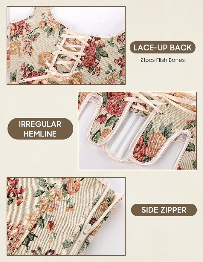 SCARLET DARKNESS Bustier Tops for Women Renaissance Floral Lace Up Bodyshaper - Image 3
