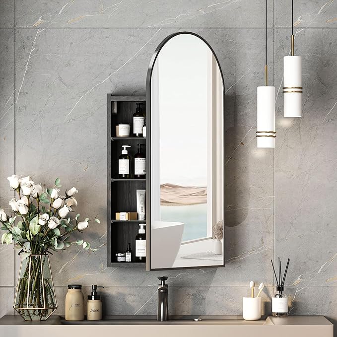 Black Arched Medicine Cabinets with Mirror,Bathroom Mirror Cabinet with Storage,Brushed Black Arch Medicine Cabinet Surface Mount Only,Right Hinges,16 x32 Inch