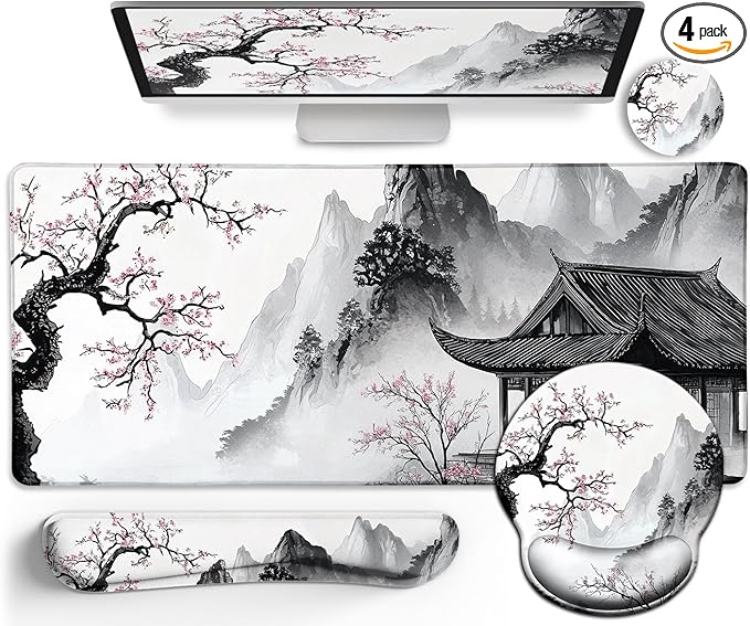 LIMKRIAN Japanese Ergonomic Mouse Pad Large Desk Mat Set, XXL Anime Mousepad with Wrist Rest, Wrist Support Gaming Keyboard Mat Cup Coaster Set, Japanese Style Office Desk Accessories Decor