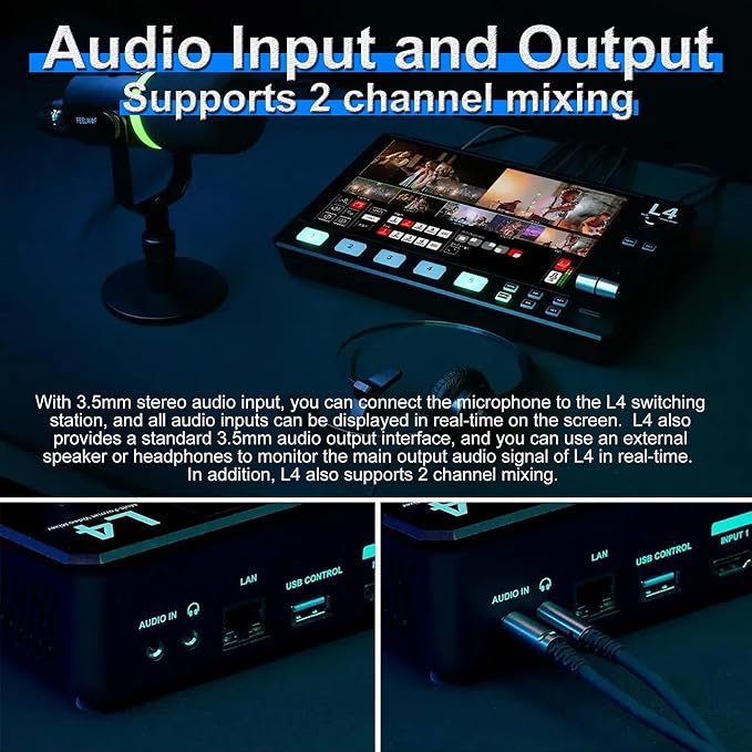 Feelworld L4 Switcher 10.1 Inch Touch Screen Multi-Camera Video Mixer Switcher,4xHDMI,SDI,Audio Input/Output,App/PTZ Control,USB3.0 Fast Streaming,Built-in Cooler,13 Transitions