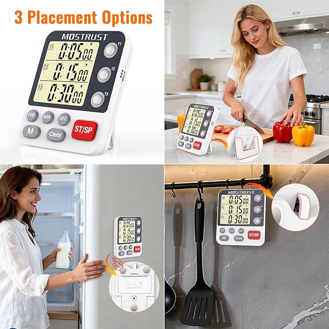 MOSTRUST Digital Dual Kitchen Timer, 3 Channels Countdown Triple Timer for Cooking, Magnetic Memory-Preset Large Display Adjustable Alarm Volume, Multi Times Management, 3A Battery Included, White
