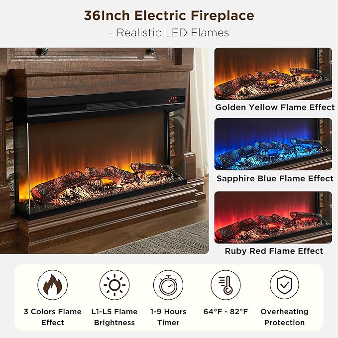 OKD 52 Inch Electric Fireplace with Mantel, Fireplace TV Stand with 36" 3-Sided Glass Electric Fireplace Heater for Living Room (Brown)