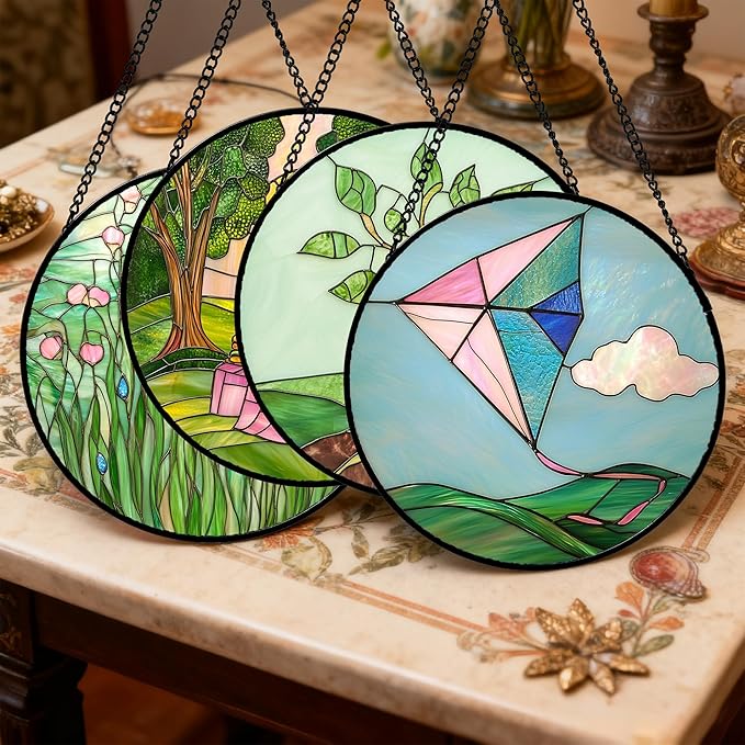 AMDERVEN Stained Glass Window Hanging 4 Pcs Set Pink Green Spring Saplings Flowers 7.8" - Suncatcher Door Garden Sun Catcher Home Decor Mother's Day for Woman Nana Mom Men