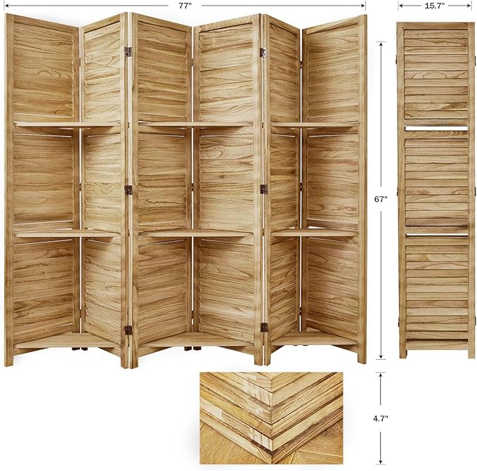 Partition Room Dividers, Folding Wood Privacy Screen with Three Display Shelves Suitable for Home Office, Study, Art Display - 6 Panel, 67 * 77inch (Wood)