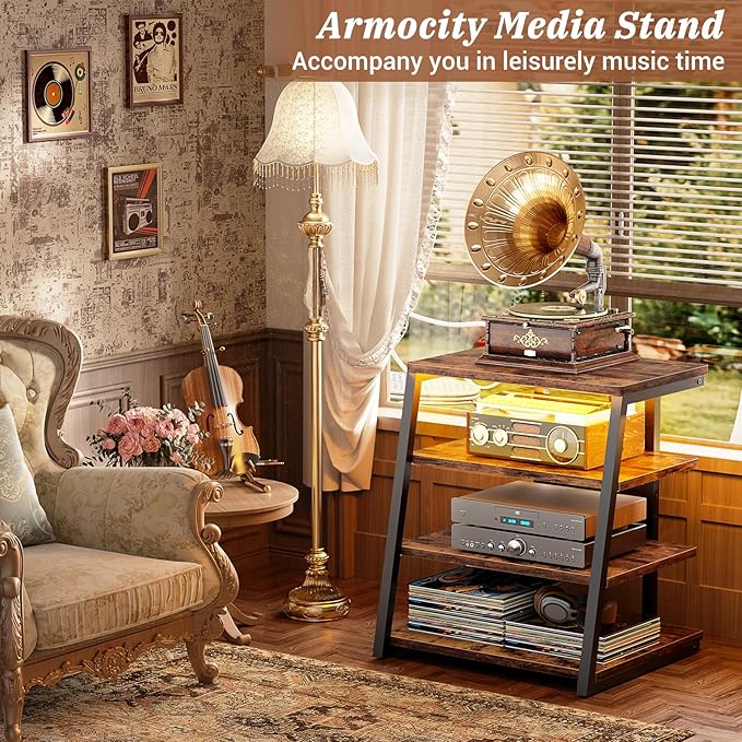 Armocity 4-Tier AV Media Stand with Power Strips, Stereo Stand with LED Lights, Audio Tower Rack with Adjustable Shelves, Small Entertainment Center, 30'', Rustic Brown