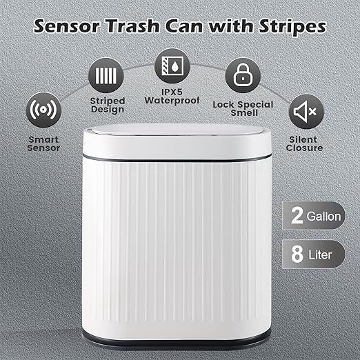 Bathroom Sensor Trash Can with Lid Automatic 2 Gallon Smart Garbage Can Bathroom Decor, 7.5 Liter Small Trash Bin, Motion Sensor Waterproof Wastebasket for Office, Bedroom, White Black