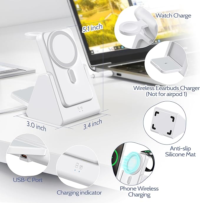 Smtcsl 3-in-1 Wireless Charging Station: Portable 5000mAh Power Bank Charger Compatible for Phone Air/17/16/15/14/13/12 Series and Watch - Detachable Magnetic Charging Stand White