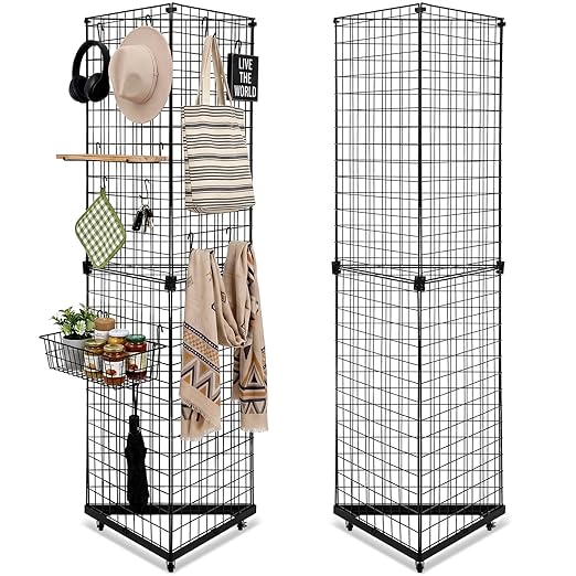 Weysat 5' x 1.6' Triangle Gridwall Panel Display Stand 3-Sided Grid Tower with Base and Casters Rolling GridWall Panel Stand for Home Organization Display Vendor Events, Black