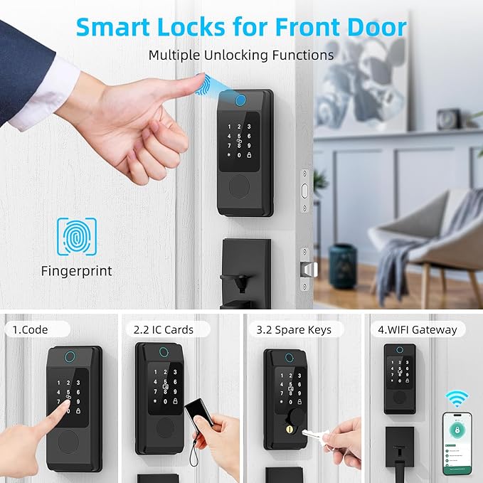Miuedo WiFi Front Door Lock Sets with Handle, Fingerprint Keyless Entry and Smart Keypad with Lever Handles, Electronic Screen+WiFi Gateway, APP Control, Auto-Lock, Voice Control