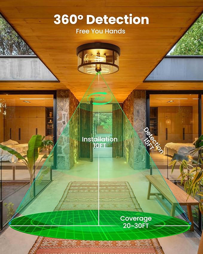 Outdoor Ceiling Light with Motion Sensor 9.3in - Porch Lights Outdoor, E26 Base, Flush Mount, 360° Detection, 3 Modes (Auto/Dusk to Dawn/Always-on), Farmhouse Ceiling Light for Porch, Entryway