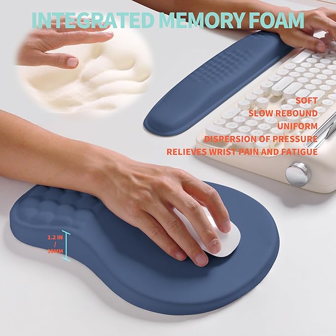 KUOSGM 2-in-1 Ergonomic Set, Wave Rise Keyboard Wrist Rest and Massage Bulge Slope Mouse Pad Wrist Support, Cushion Memory Foam Integrated to Relieve Wrist Pain, Dark Blue