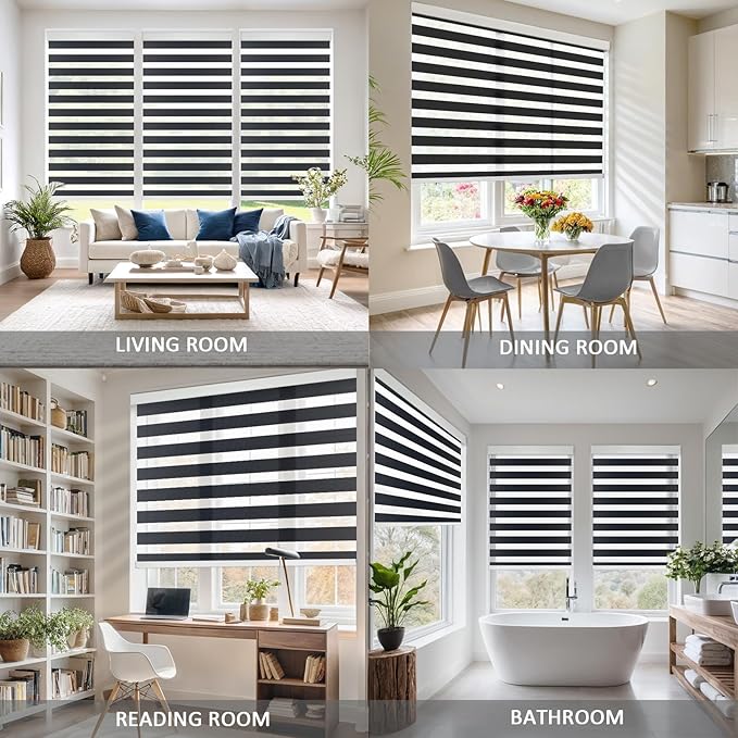 COOLWINDS Motorized Zebra Blinds for Windows Cordless Electric Curtains with Remote Control Blackout Shades Custom Smart Blinds Compatible with Alexa Google Home(Light Filtering Black,W31 X 72in)