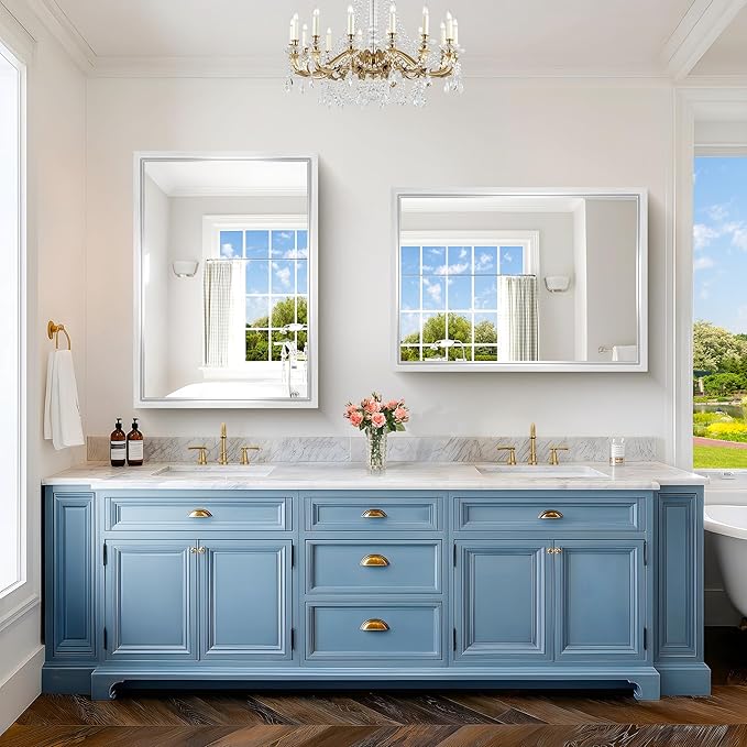 42x30 Silver Bathroom Mirror, Brushed Silver Rectangular Mirror for Wall, 0.6" Thickened Deep Frame Mirrors for Bathroom Sink, Shatterproof Tempered Glass, Antirust, Horizontally or Vertically