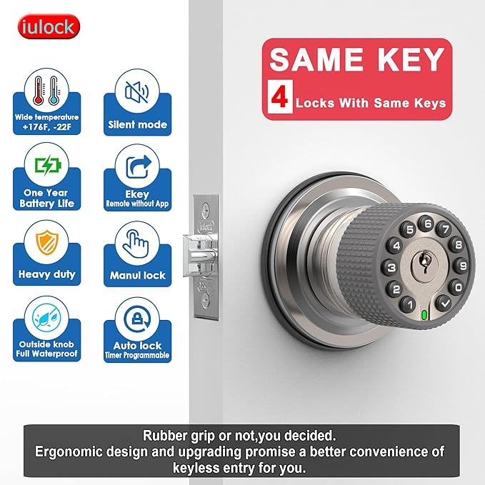 iulock Smart Door Knob with Keypad and Key,Keyless Entry Door Lock with Rubber Grip, Auto Lock,50 User Code,Waterproof, Easy to Install and Program for Bedroom(Stain Nickel Same Key 4 Pack)