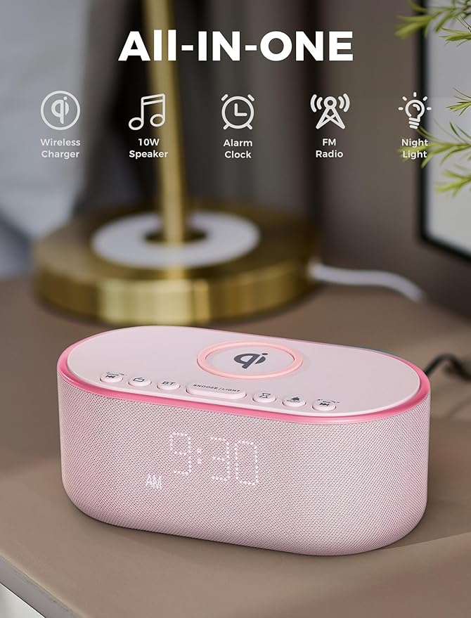 Odokee Wireless Charging Alarm Clock Radio: Qi Certified Fast Wireless Charger for iPhone Samsung - 10W Stereo Bluetooth Speaker - Dimmable Digital Clock with FM Radio for Bedroom Pink