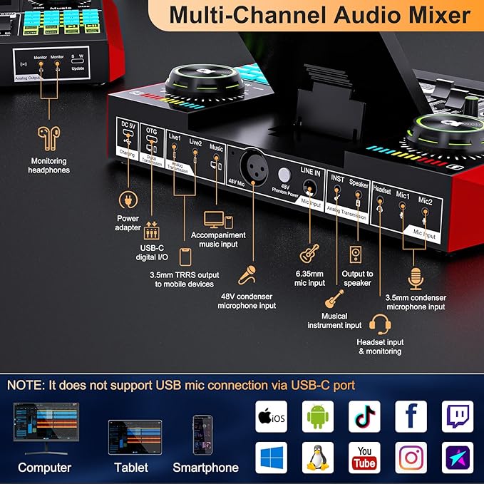 Live Sound Card Audio Mixer, Podcast Equipment Bundle with 3.5mm Condenser Microphone for Pc/Phone Live Streaming Singing Gaming, Sound Board with Voice Changer, Denoise