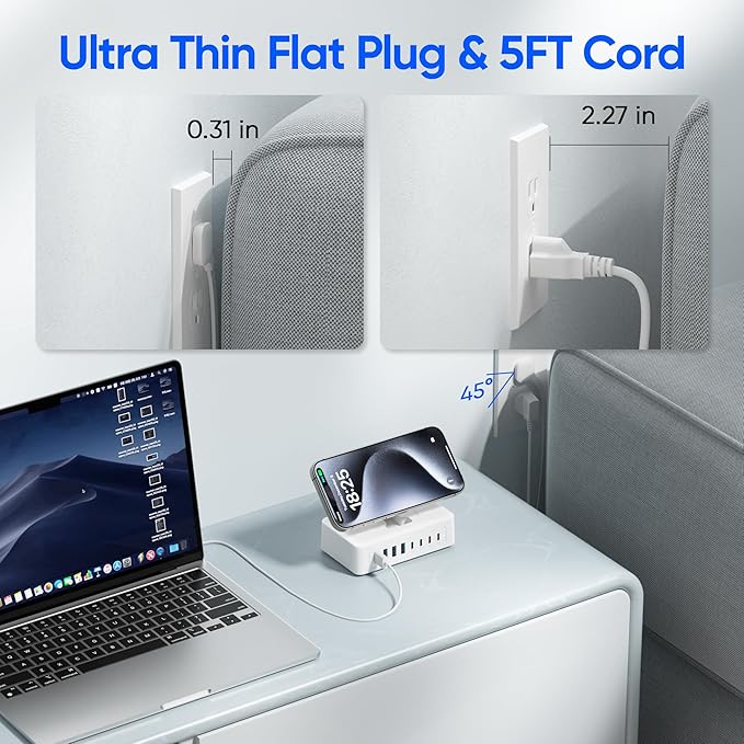 11-in-1 Charging Station USB-C Power Strip, 200W USB C Charger Block, 2AC Outlets 8USB Ports(4USB-C) Surge Protector, 5FT Flat Plug Extension Cord, PD65W Desktop Fast Charging for Home Office, White