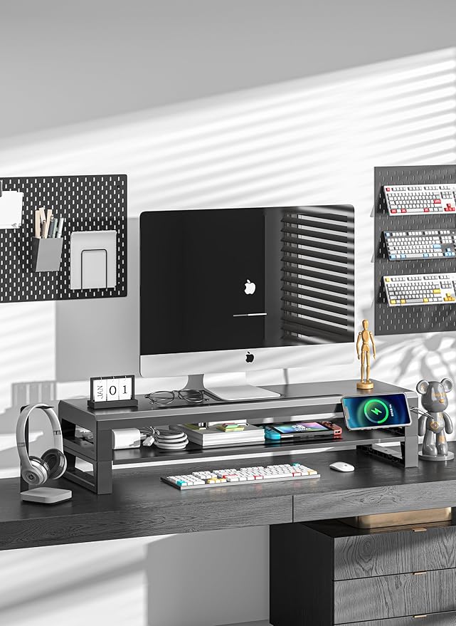 GECKOSTROLL 2-Tier Metal Computer monitor stand Laptop Desk Shelf & Monitor Riser ，27.55 inches long desk riser ,22W charging power, 2 USB 3.0 ports, and 1 USB 2.0 port Monitors/PC/Laptop/Computer Space Saver Organizer(USB Hub Fast Charging Version, Tw...