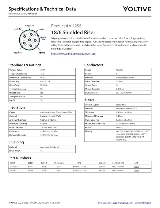 Voltive 18/6 Shielded Low Voltage Wire, Riser CL3R, White, 500ft - 18AWG, 6 Conductors, Overall Shield, Stranded Bare Copper, UL Listed - V-1256-1