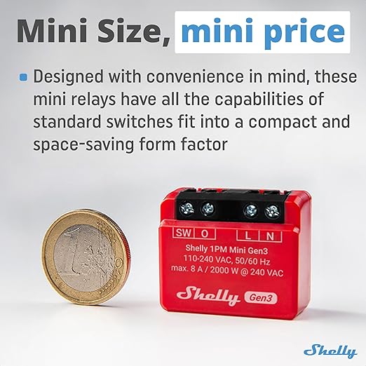 Shelly 1PM Mini Gen3 | WiFi Smart Switch Relay, 1 Channel 8A with Power Measurement | Home Automation | Bluetooth Gateway | Compatible with Alexa & Google Home | iOS Android App | No Hub Required