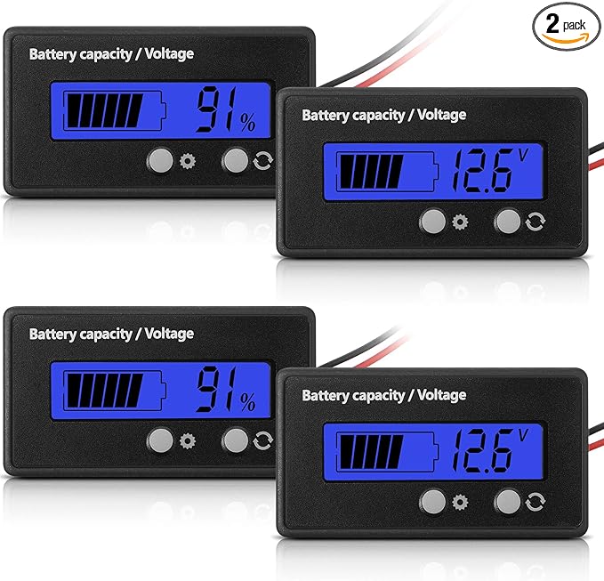 Frienda 2 Pieces Dc 12v 24v 36v 48v 60v 72v 84v Golf Cart Battery Meter with Alarm, Front Setting and Switch Key Battery Capacity Voltage Indicator Gauge Acid and Lithium Ion Indicator(Blue)