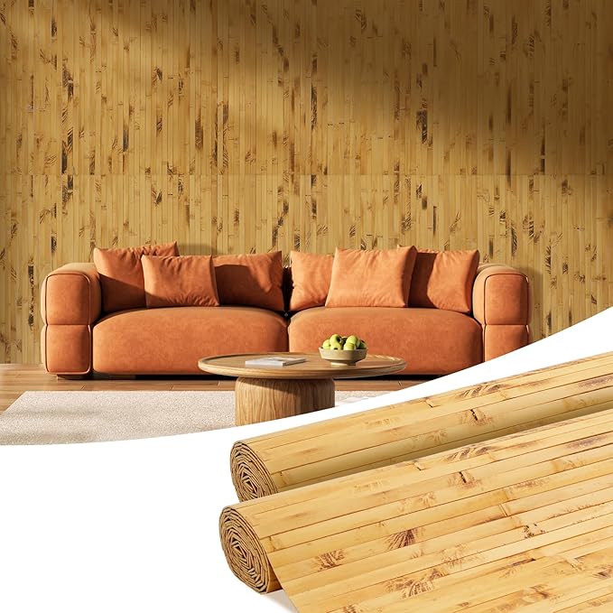 OUZUGIE 2 Pack 96x48 Inch Natural Bamboo Wall Panel – Yellow Burned Pole Wrap Paneling for Walls, Ceilings, Cabinets, Furniture – Ideal for Bedroom, Living Room & Office DIY Decor